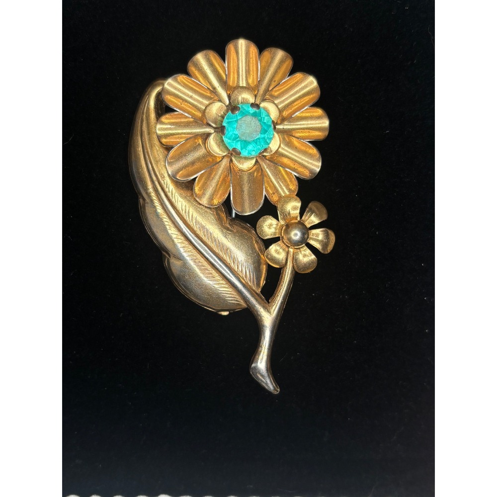 Vintage Daisy Flower Brooch Pin Prong Set Aqua Rhinestone Gold Tone Large